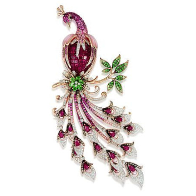 Lab Ruby Peacock Design Brooch 925 Fine Silver Gorgeous Invisible Set Joaillerie