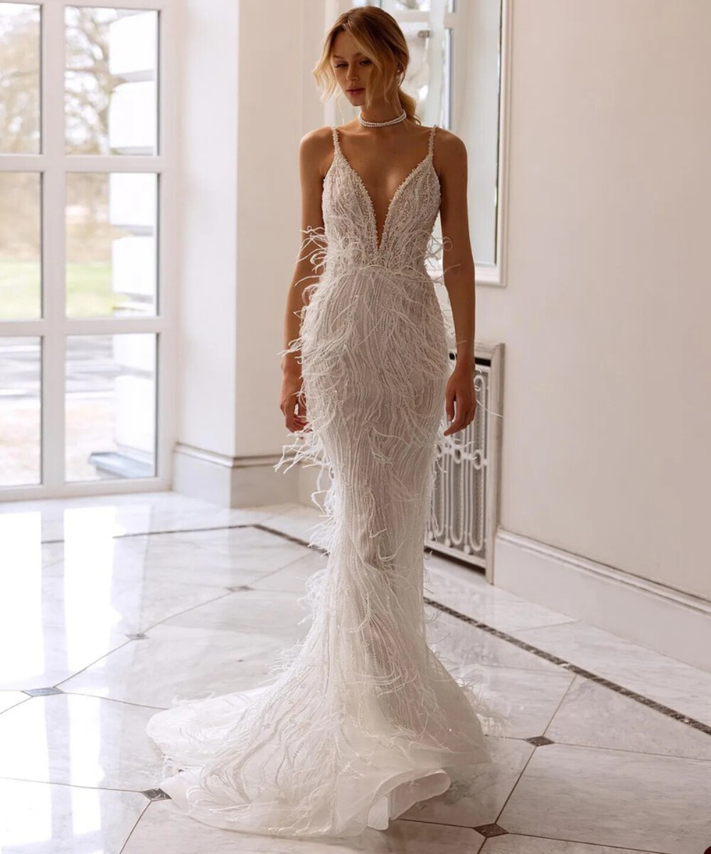 sachin and babi light blue dress Gorgeous Beaded Lace Wedding Dress: Illusion Bodice, Mermaid Silhouette –  Brydealo main image 1