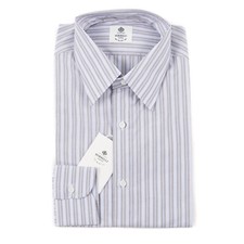 Luigi Borrelli Napoli Sky Blue and Cocoa Striped Cotton Dress Shirt 15.5 NWT
