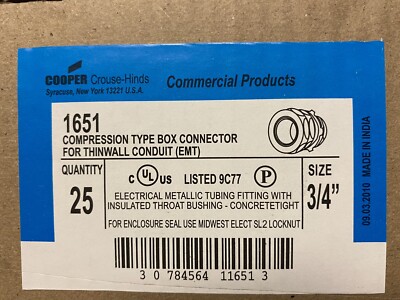 COOPER Carouse-Hinds 1651 (25) 3/4'' Compression Connectors for  EMT Conduit