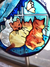 Painted Glass with 4 Cats at Window & Butterfly -Hanging Suncatcher- 4.5" Round