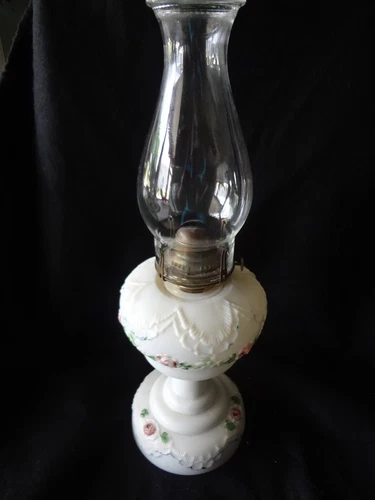 Dithridge Versailles hand painted pink floral Milk Glass Kerosene Oil Lamp 1890s