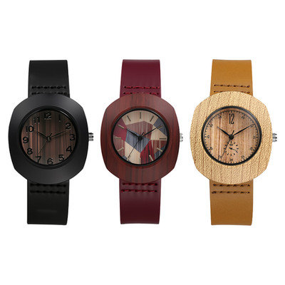 Womens Bohemian Wood Barrel-shaped Case Genuine Leather Strap Quartz Wrist Watch