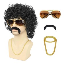 Mens 70s 80s Disco Black Curly Wig 5pcs Set Wig Glasses Necklace Mustache...