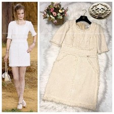 CHANEL Vintage Ivory Cotton Silk Fringed Short Sleeve Dress Size 42