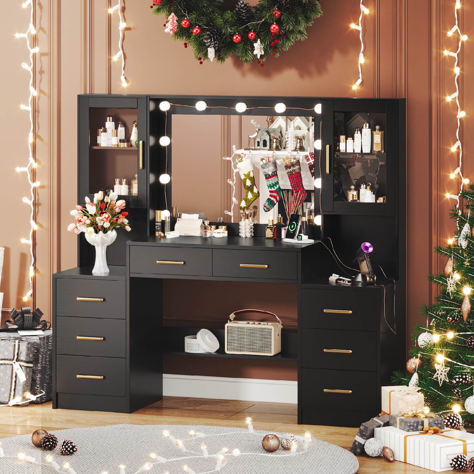 Makeup Vanity Desk with 10 LED Bulbs Mirror, 8 Drawers & 2 Side Cabinets,Bedroom