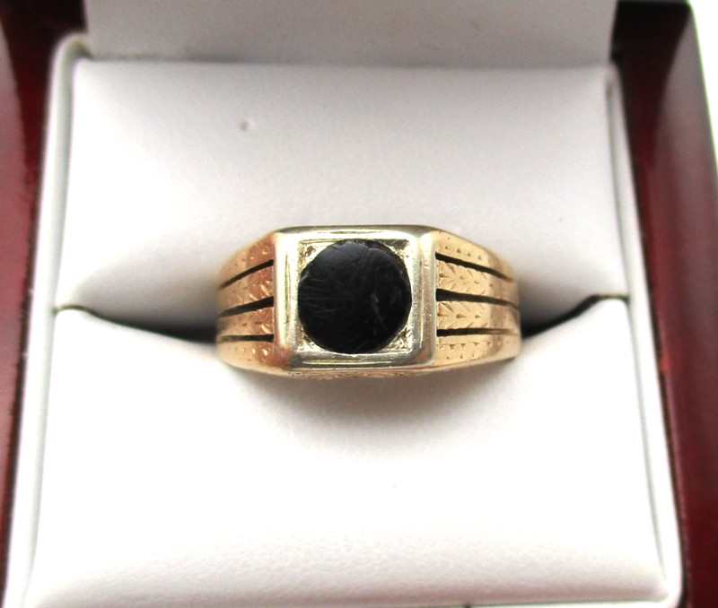 10K Yellow Gold Men's Etched Black Onyx Ring Size 9.25 8.6 Gr [R375]
