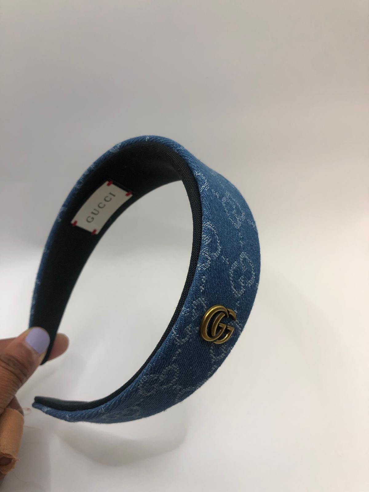 Gucci Monogram Denim Headband with GG Logo Emblem