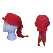 Alfreda Inc New York Vintage Red Straw Basket Hat with Chiffon Scarf Accent