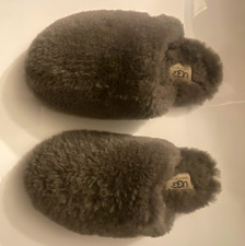 UGG Women s Fluff Clog Gray Slip-On Fur Slippers Rubber Sole Flat