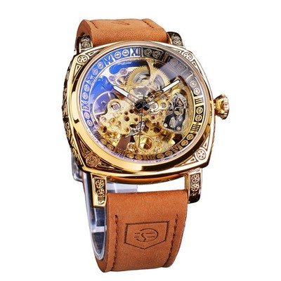 FORSINING Watches for Man, Square Retro Mechanical Watch Self-Wind Brown