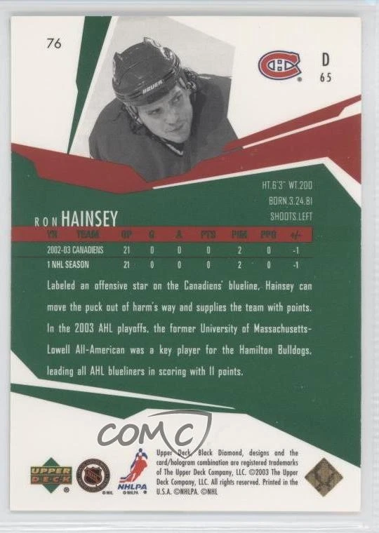2003-04 Upper Deck Black Diamond Color Green /100 Ron Hainsey #76 - Image 2 of 2