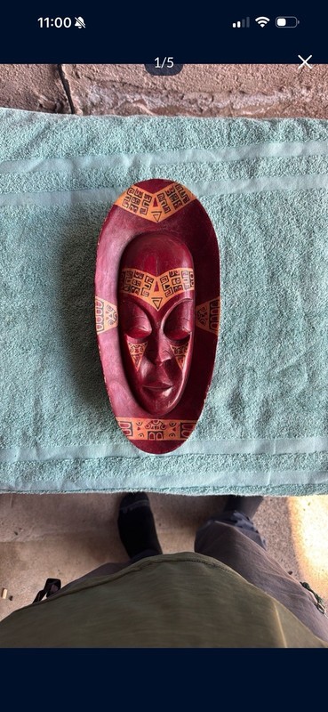 African Tribal Painted Wooden Wall Mask Red Brown Decorative Art