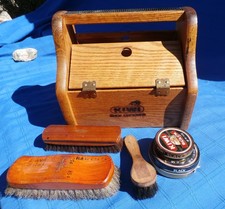 KIWI Vintage Shoeshine Groomer Care Kit Oak Box W Brushes and Polish Tins