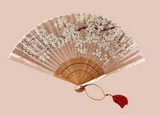 Vintage Silk & Carved Wood Fan HandPainted Cherry Blossom Branch Beige Silk Used
