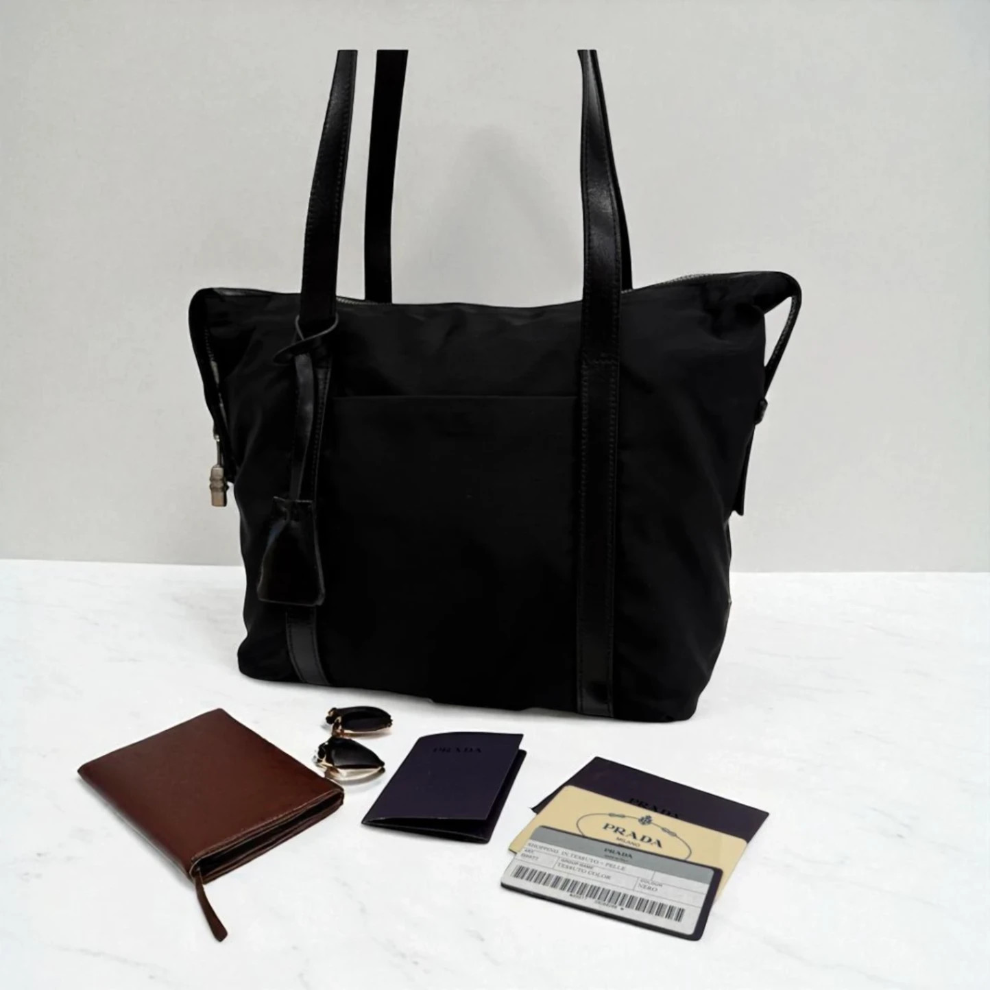 Prada Black Tote Bag with White Triangle Logo Authentic Preowned