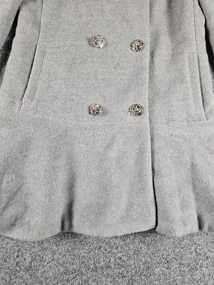 Abrigo Betsey Johnson Mujer Pequeño Gris Doble Pecho Ajuste y Acampanado Rosa Botones Foto 4 de 4