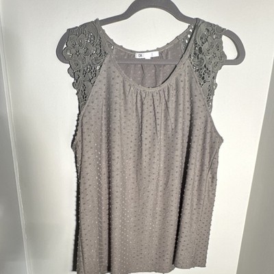 DR2 Crochet Embroidered Dot Green Sleeveless Round Neck Women's Blouse Size L