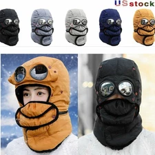 Winter Men Women Thermal Trapper Hat with Glasses Full Face Ski Mask Aviator Cap