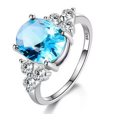 925 Sterling Silver Oval Champagne Zircon Ring White Pink Blue Jewelry