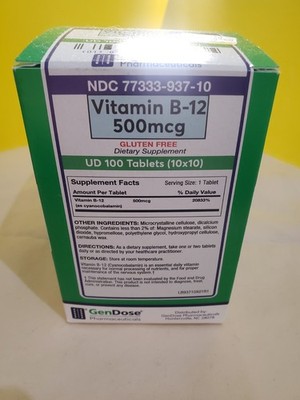 Pharm. Grade: GenDose Vitamin B-12 500 mcg, Gluten Free 100 Tablets (10x10)