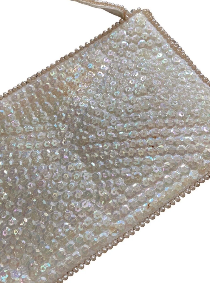 Vtg White Beaded Pearl Sequin Mini Bag Sharonee Formal Wedding 60s Japan Small - Image 4 of 4