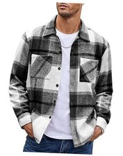 Men's Flannel Shirts Casual Button Down Plaid Shirt Jacket Long Medium Black