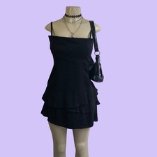 Vintage Y2K Tiffi Black Pleated Tiered Ruffle Mini Dress XS Cami Strap Party