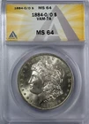 1884 O Morgan Dollar ANACS MS-64 O/O VAM-7A TILTED LEFT, FAR DATE, PITTED DIE ED