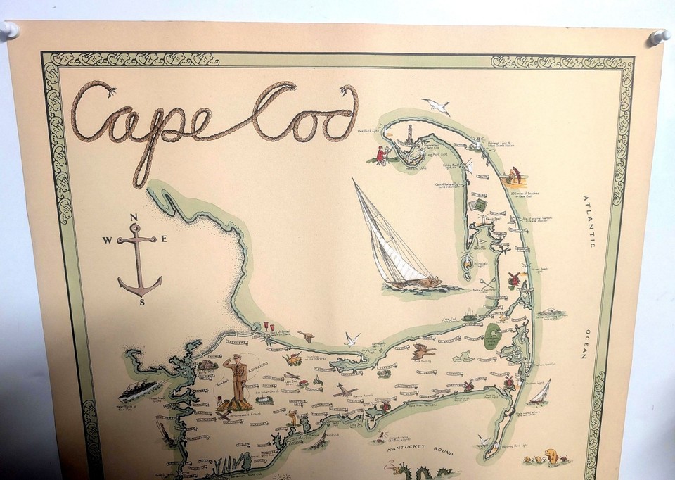 CAPE COD MAP_ORIGINAL HAND-COLORED, 1941 FOLK ART MAP_BRICK HOUSE ...