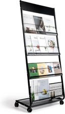 Floor Magazine Rack Brochure Display Stand 4-Layer W/ Wheels And Top Billboard