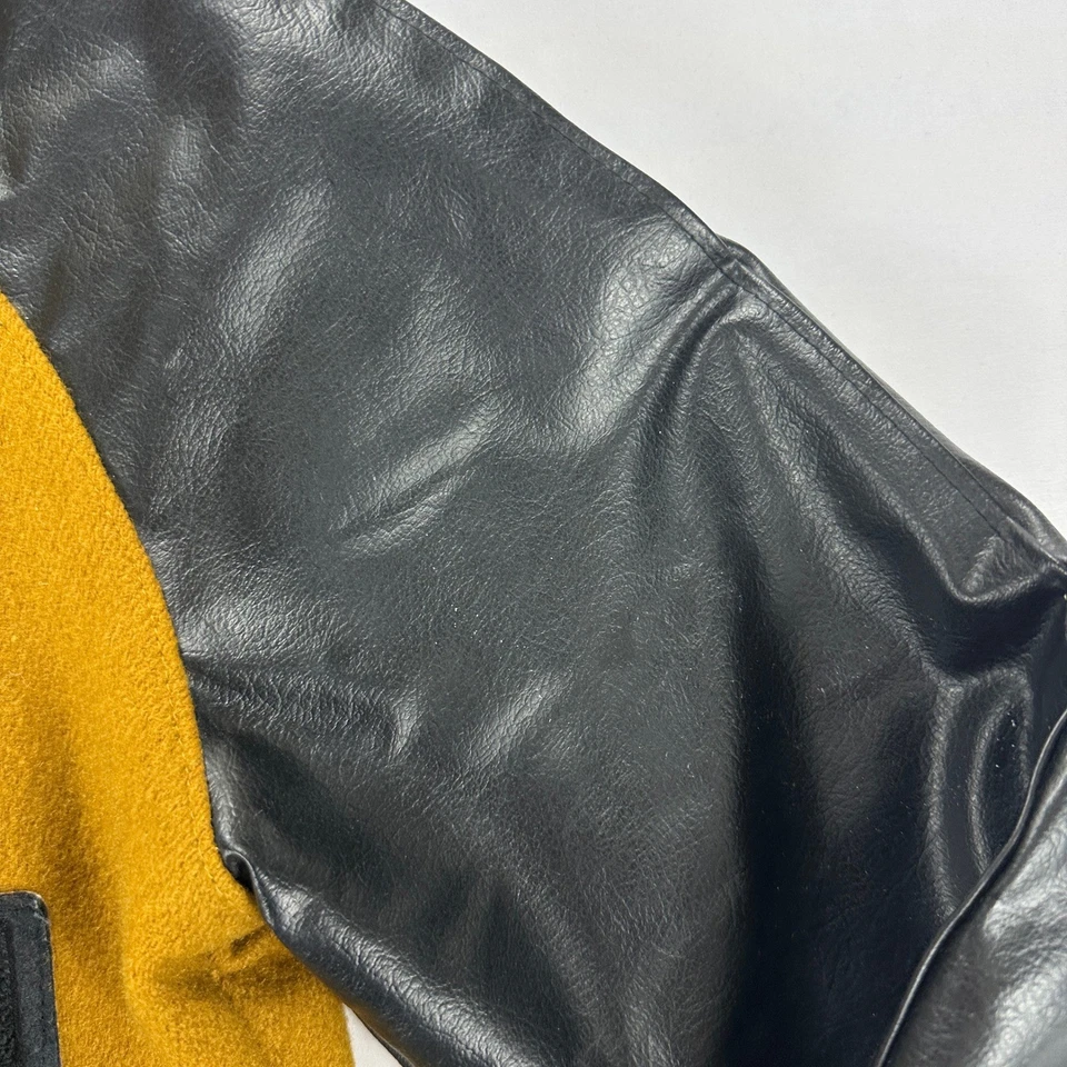 Vintage Howe Athletic Varsity Jacket Mustard Wool Black Vinyl Sleeve Size 38 USA - Image 3 of 4
