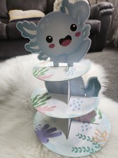 Soporte para Cupcakes Torre de Postres de 3 Niveles para Decoración de Cumpleaños y Fiesta Azul Axolotl