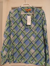 Tory Burch Women’s Size 8 Blue/green Pattern Blouse W/silver Embellishments EUC 
