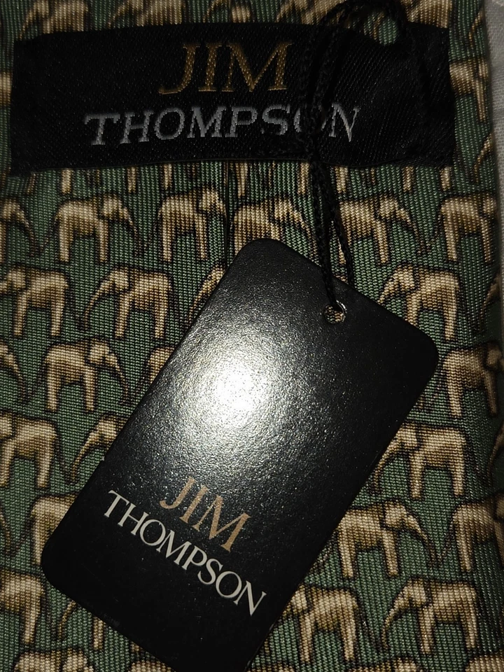 Corbata de cuello de seda con patrón de elefante Jim Thompson verde circo AOP NUEVA CON ETIQUETAS Foto 3 de 4