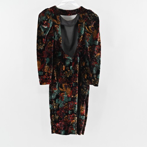 VTG Dress Sz 11/12 Black Floral Velvet Rhinestone Puff Long Sleeve Open Back 80s - Picture 6 of 14