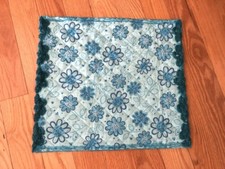 Quilted table topper , blue with lace trim, 18 x 17,5 reversible new handmade