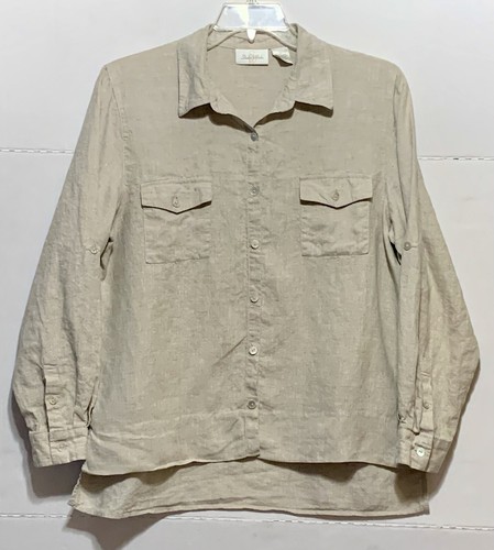 Studio Works Button Blouse Womens Lg 100% Linen Beige Classic Natural Minimalist