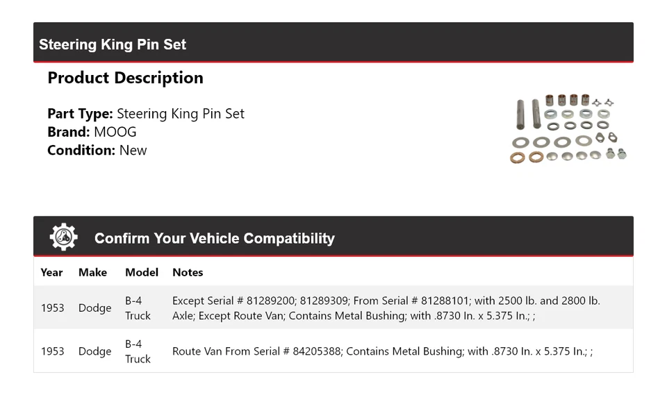 Conjunto de pinos MOOG para 1953 Dodge B-4 Truck Steering King - Imagem 2 de 4