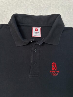 Vintage 2000s Y2K 2008 Beijing Olympics Olympic Games Logo Knit Polo T-Shirt, M