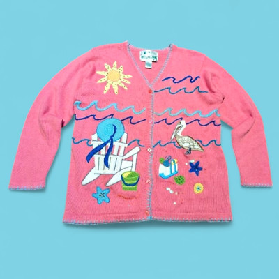 ADORABLE KITSCHY PELICAN CARDIGAN beach novelty sequined knit sweater M L Cl