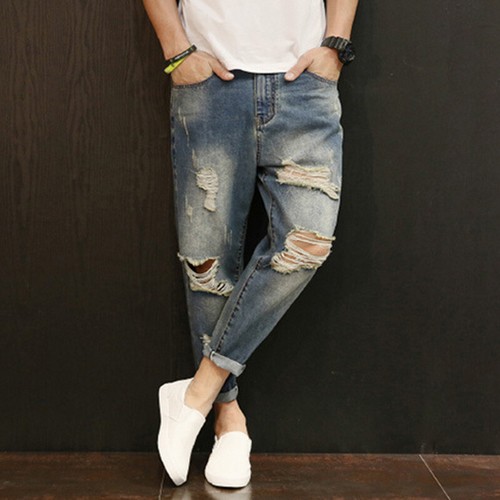 Uomo Affusolato Capri Corto Jeans Pantaloni Strappato Militari Affliggere  Estate | eBay