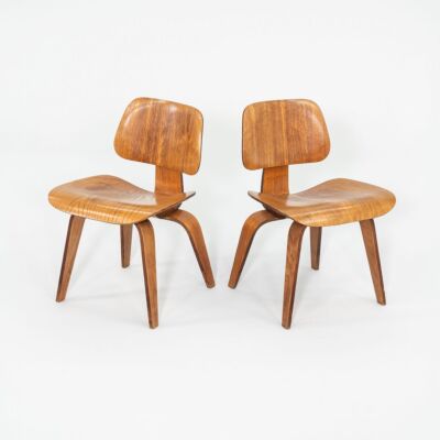 1946 Pair of Charles and Ray Eames Evans DCW Dining Chairs in Calico Ash Wood