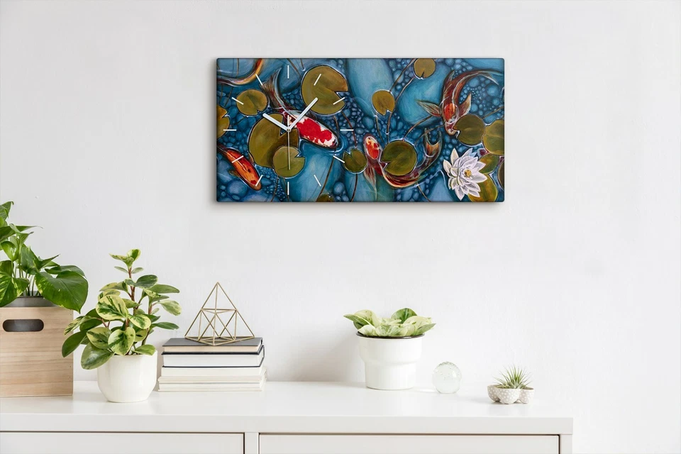 Leinwand Wanduhr Wandkunst Uhr 60x30 Malerei Fische Koi Blumen Natur Kunst - Bild 4 von 4