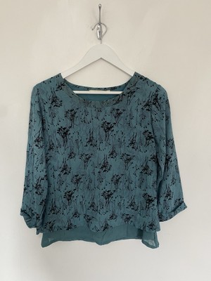 Adini Size Small Blouse Teal Top Floral Crinkle Lined 3/4 Sleeves