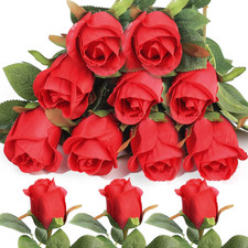 12 Pcs Artificial Roses, Single Stem Silk Fake Flowers - Realistic Red Rose Bouq