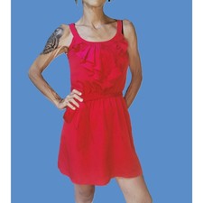 Express Dark Pink Red Ruffle Babydoll Mini Dress XS Waist Tie Pockets Layered