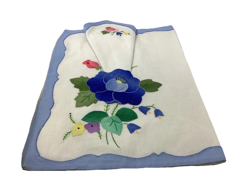 Vtg  Napkins & Placemats Blue/Yellow Floral Applique Sunham & Co. (2) Sets - Image 2 of 4