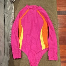 Colorblock Pink Orange Yellow Long Sleeve Zip Front Cut-Out One Piece Swimsuit