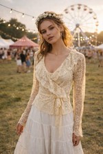 Vtg Top Womens L Cream Lace Wrap Renaissance Fairycore Ruffle Festival Blouse